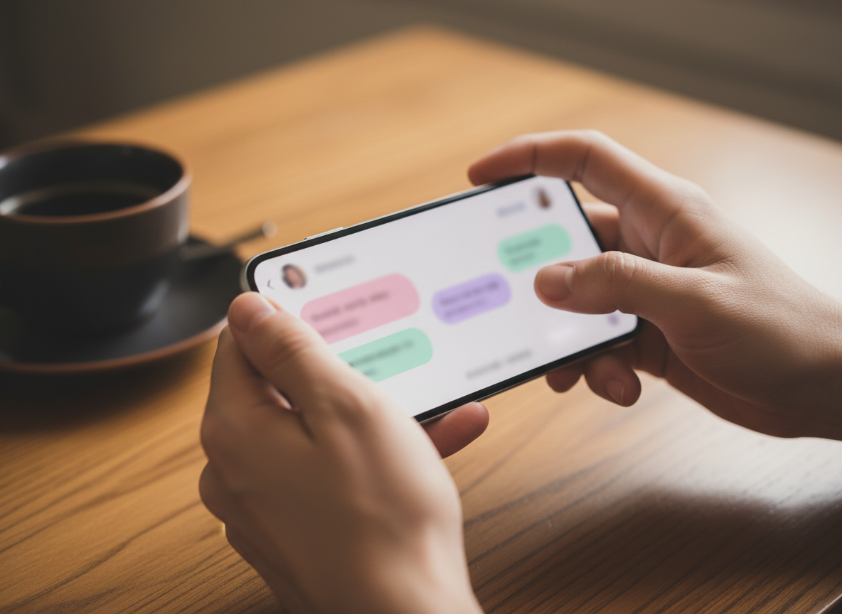 Close-up of hands typing on a phone using a dating app