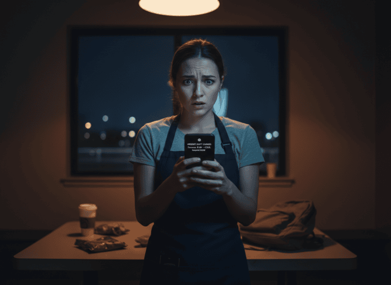 A service worker checks a late-night phone notification about a last-minute shift change