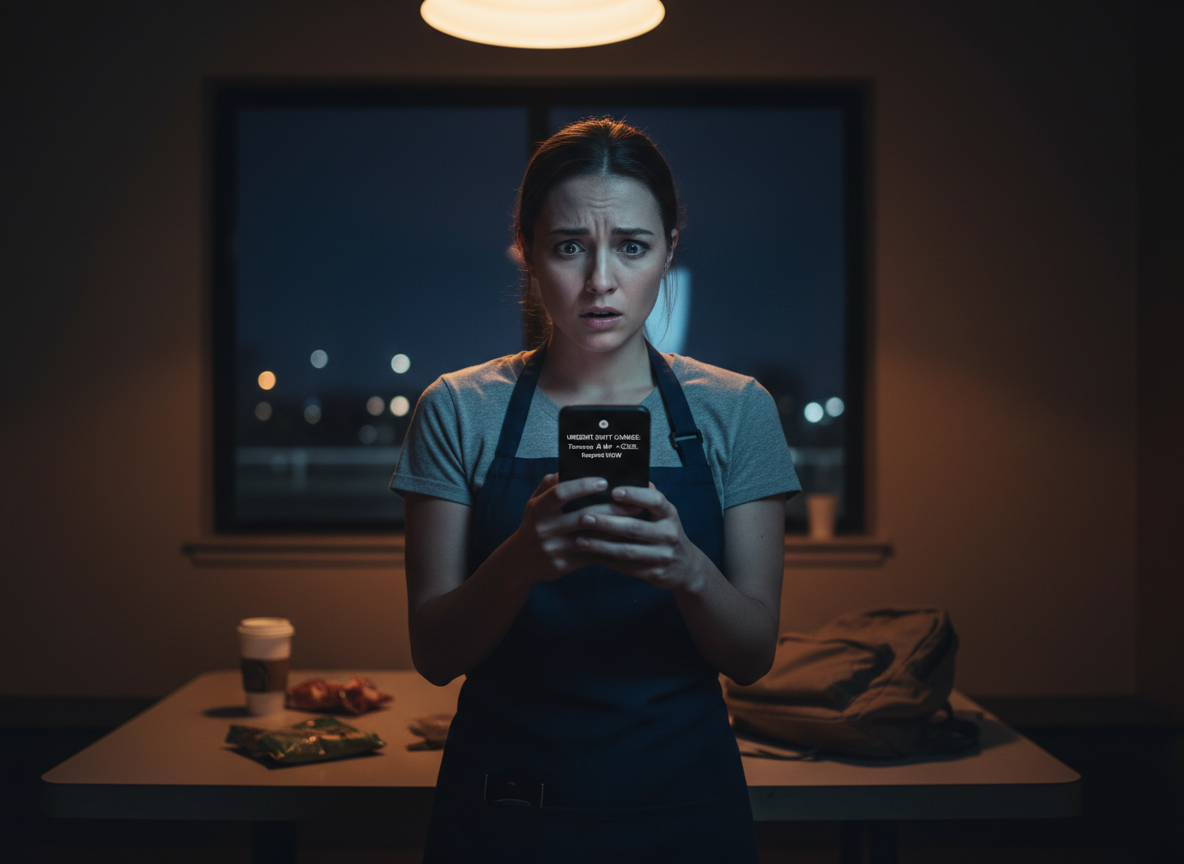 A service worker checks a late-night phone notification about a last-minute shift change