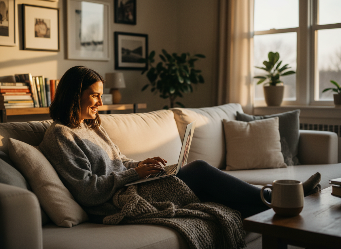 A person on a warm video call at home