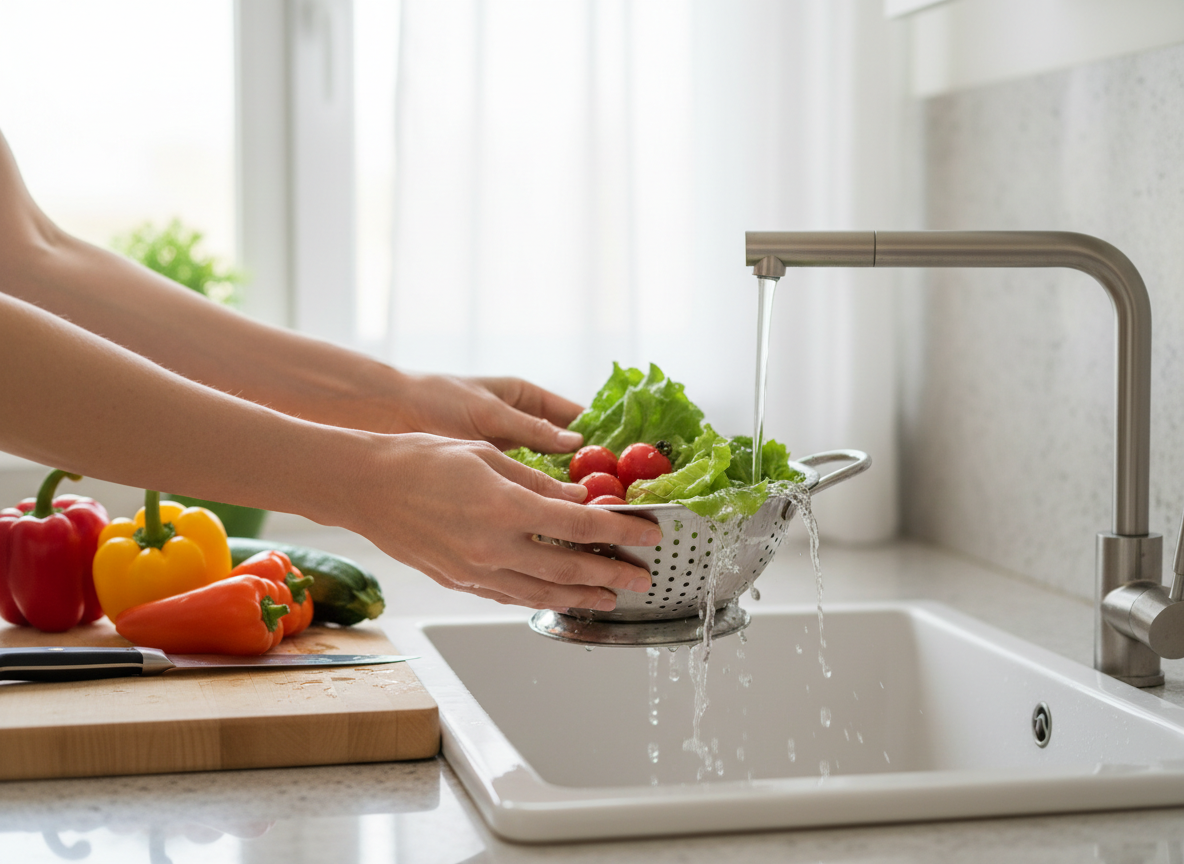 Hands washing fresh produce at a kitchen sink