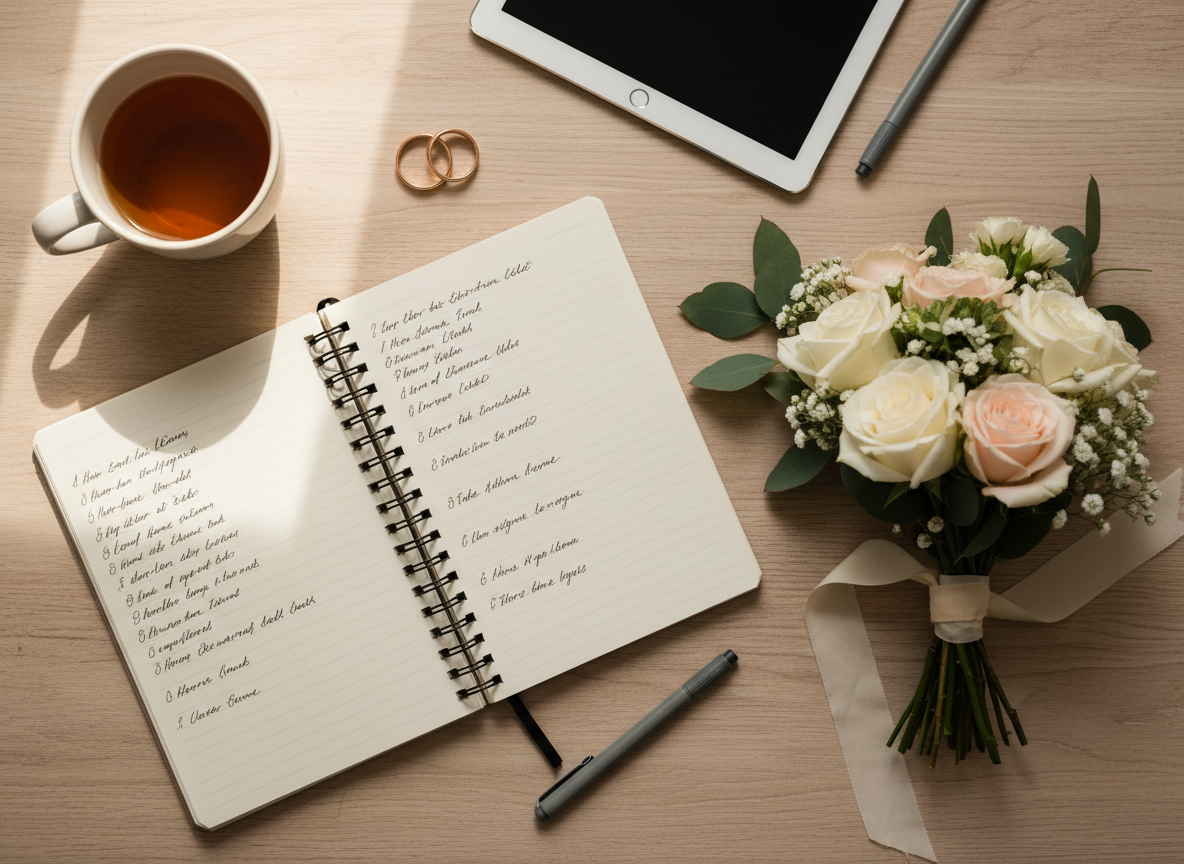Wedding planning notebook, rings, and flowers flat lay