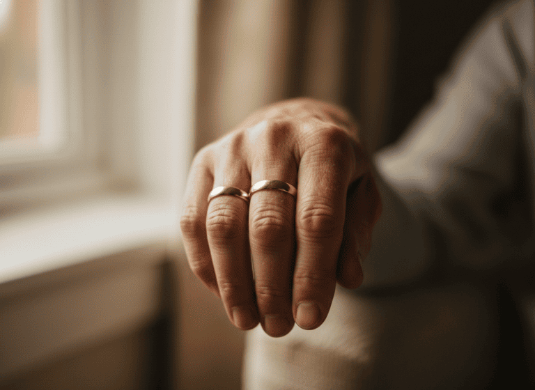 Close-up of a mature couple's hands with wedding rings