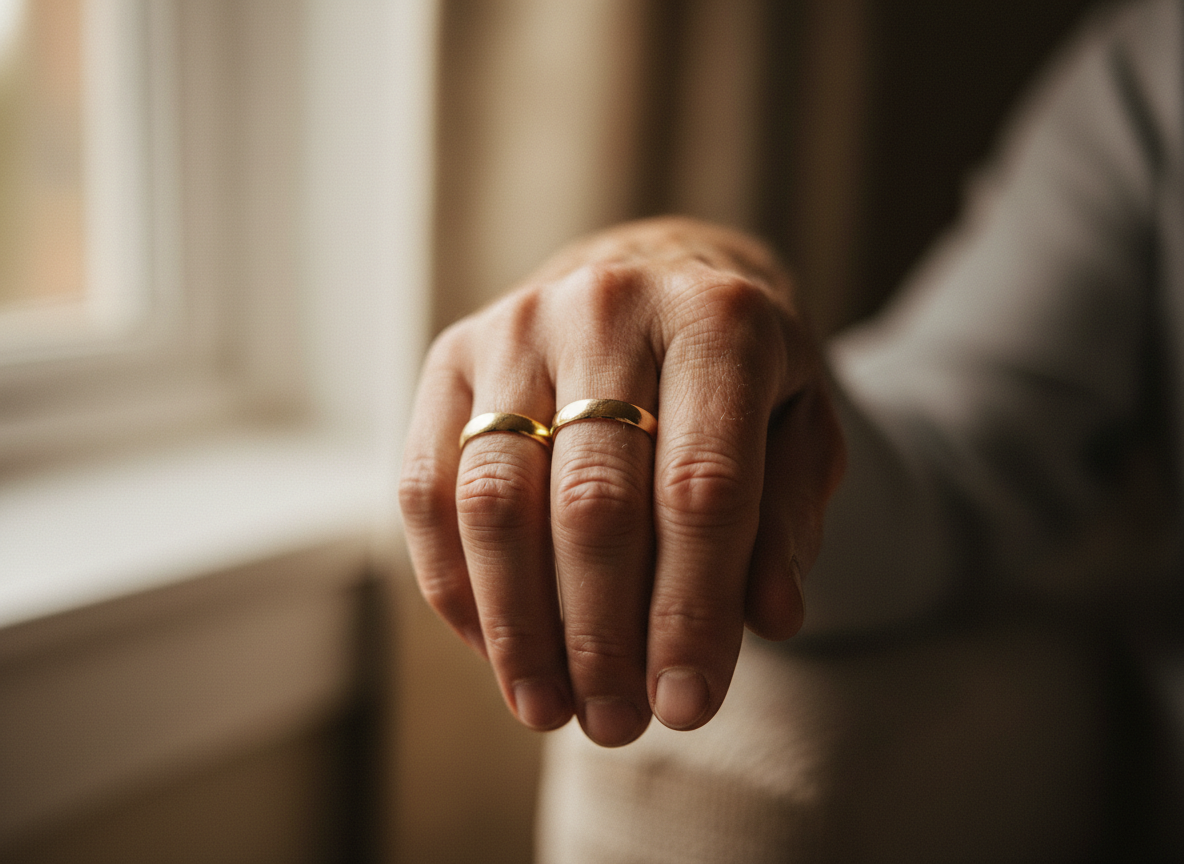 Close-up of a mature couple's hands with wedding rings