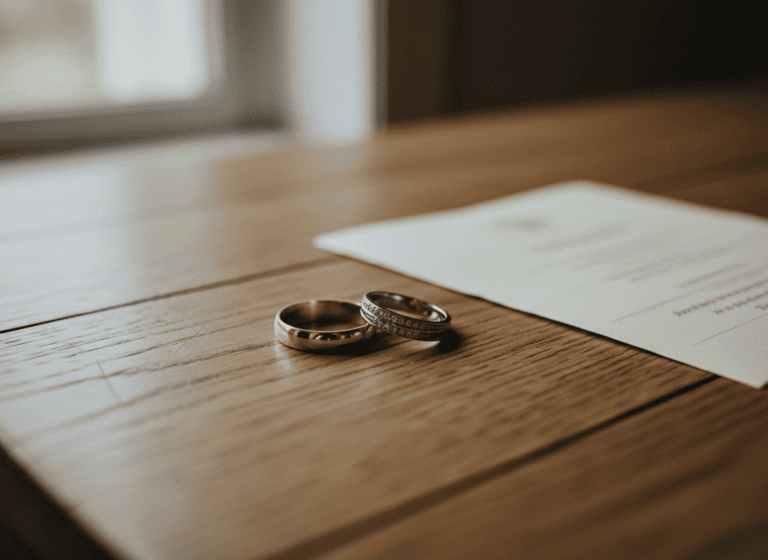 Wedding rings resting on a table, symbolizing a long marriage nearing its end