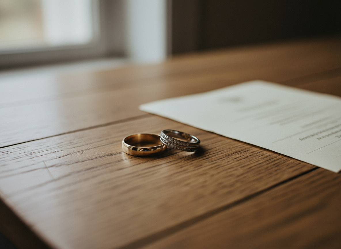Wedding rings resting on a table, symbolizing a long marriage nearing its end