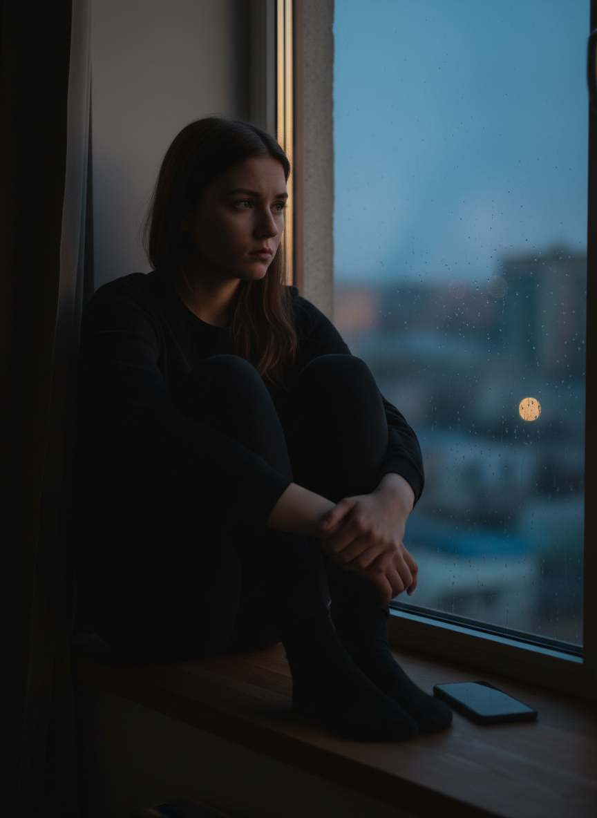 A woman sitting alone by a window, lost in thought