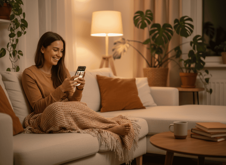 A woman smiling at her phone while browsing a dating app at home