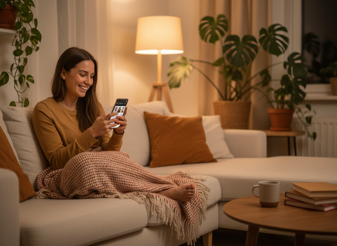 A woman smiling at her phone while browsing a dating app at home