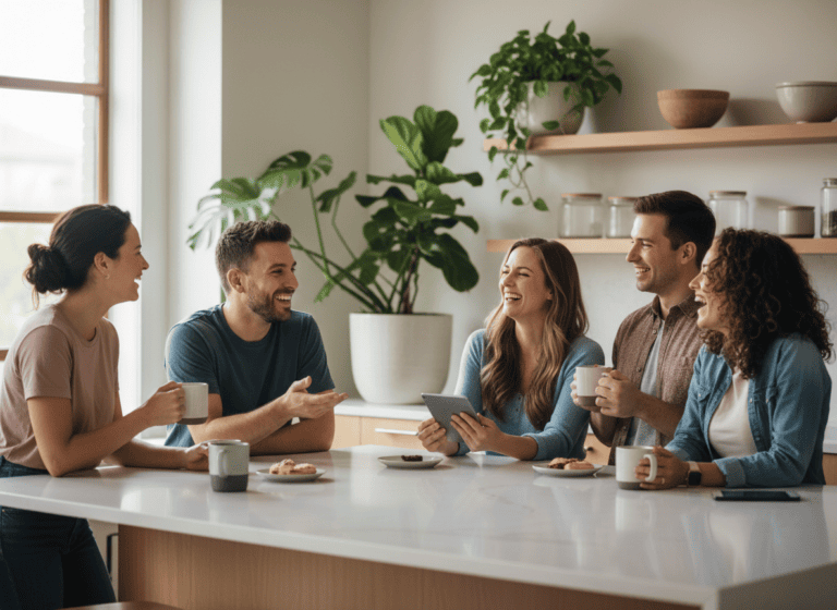 A diverse group of coworkers gathered together laughing and talking over coffee in a bright office