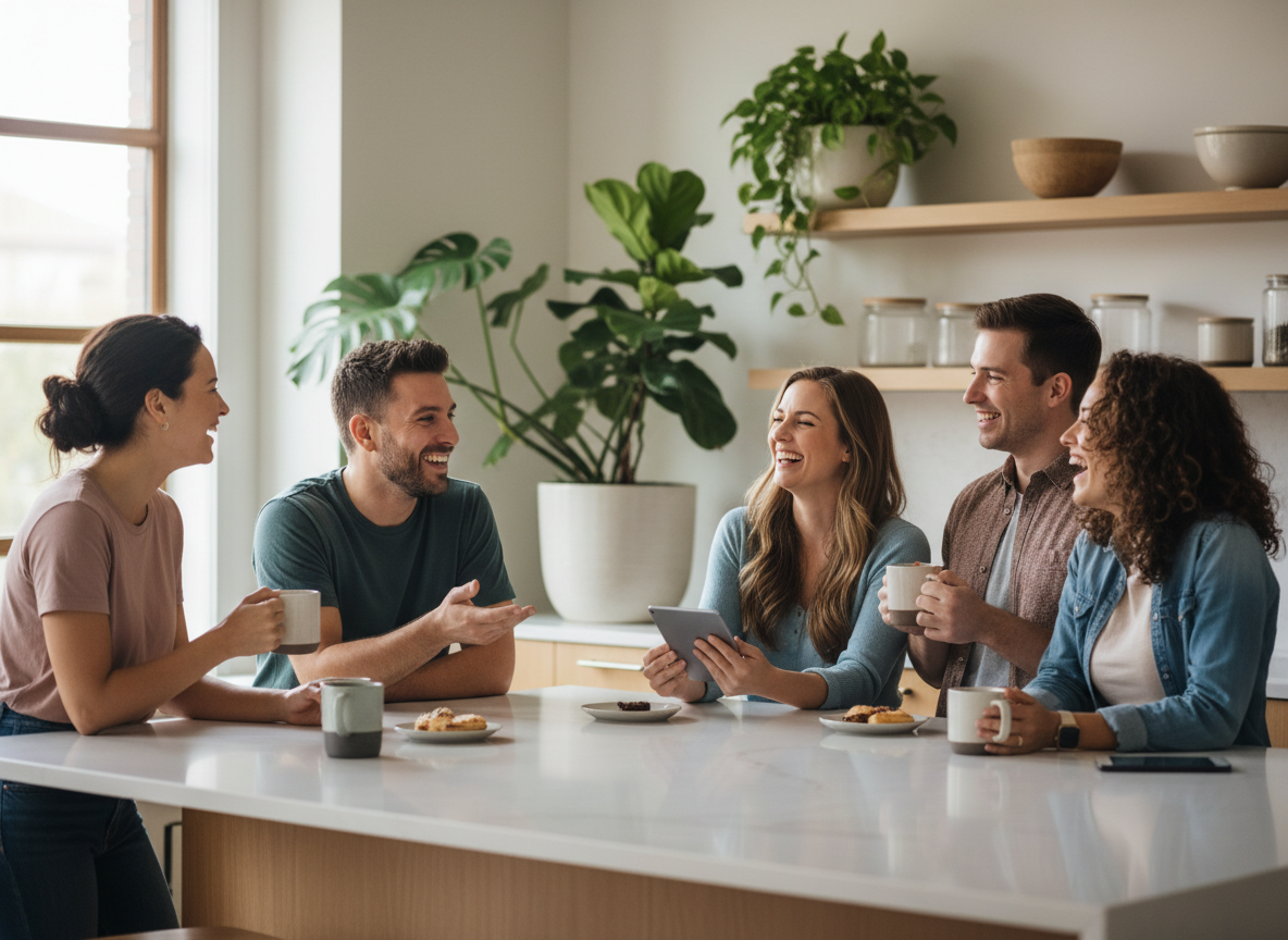 A diverse group of coworkers gathered together laughing and talking over coffee in a bright office