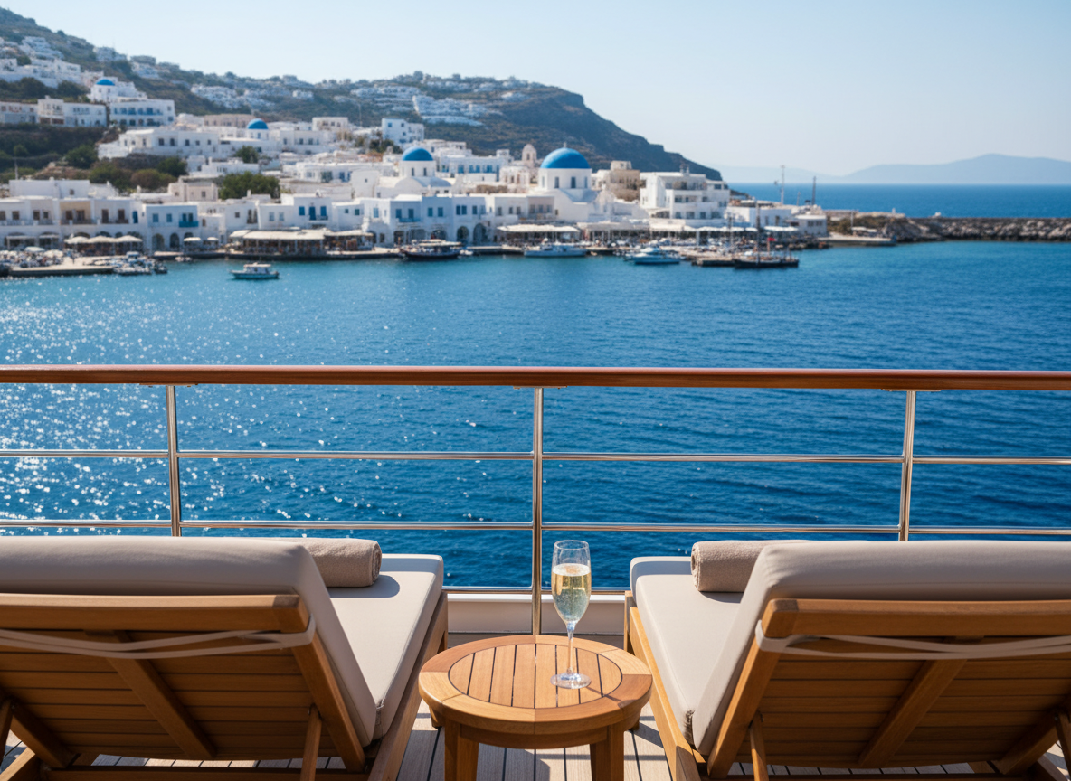View of a Greek island town from the deck of a luxury cruise yacht