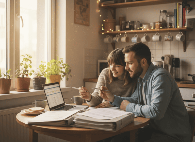 Young couple reviewing paperwork together at a kitchen table