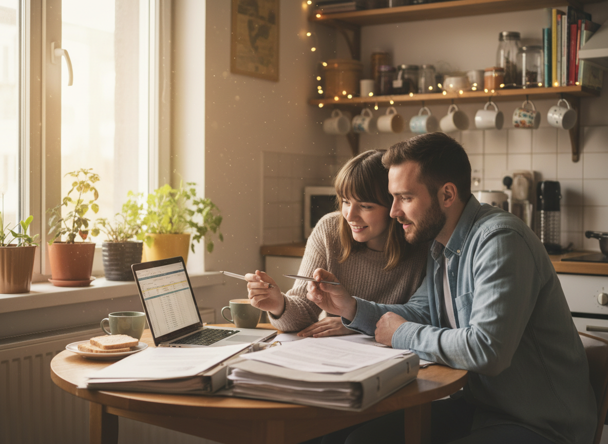 Young couple reviewing paperwork together at a kitchen table