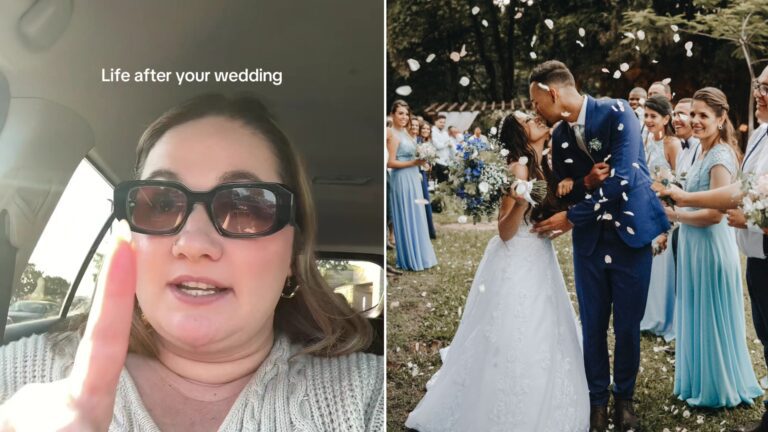 Left, the creator in sunglasses in her car with the caption Life after your wedding, from the @amber.guttilla TikTok; right, a newlywed couple kissing under confetti (Unsplash photo by Leonardo Miranda)