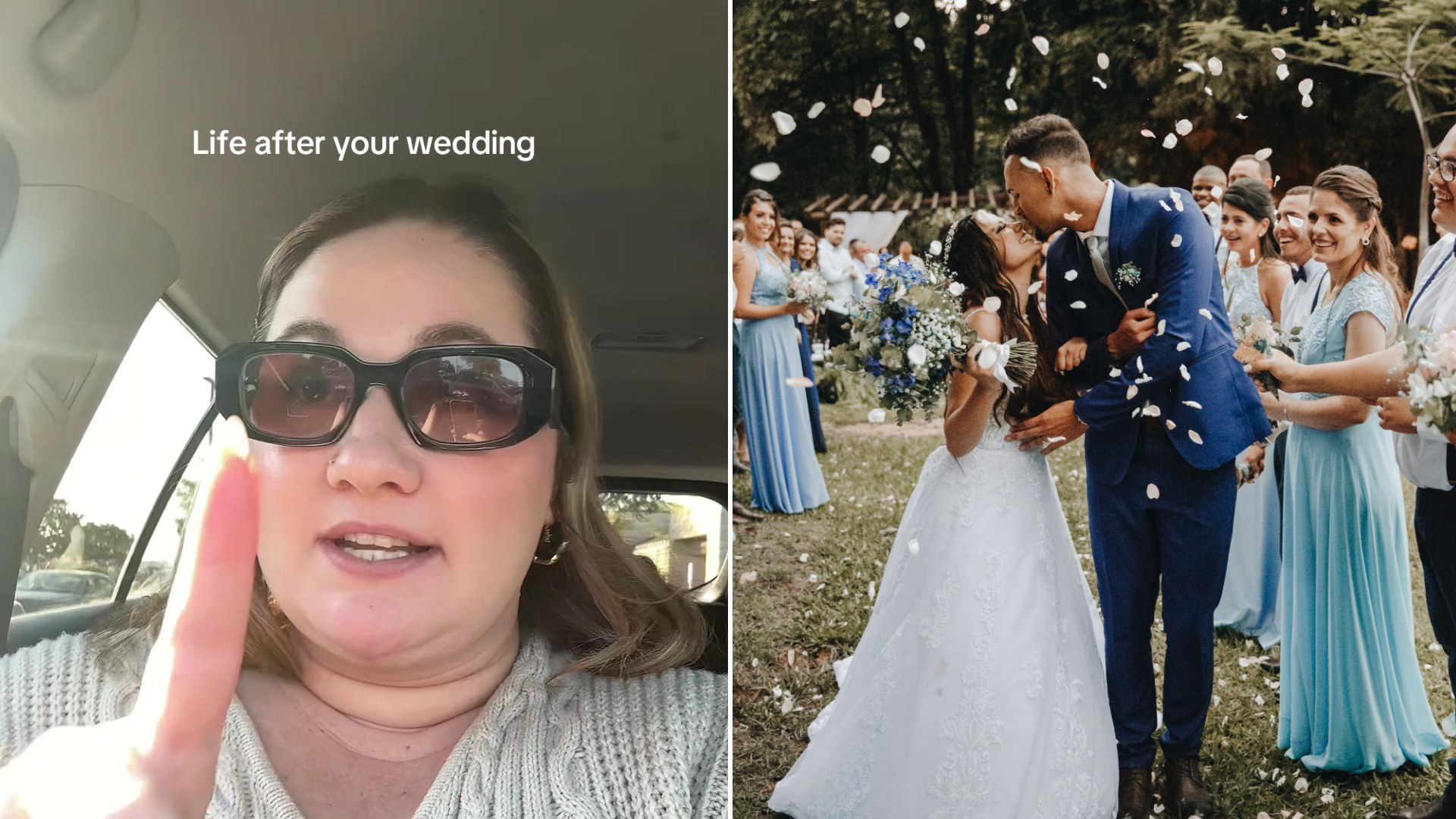 Left, the creator in sunglasses in her car with the caption Life after your wedding, from the @amber.guttilla TikTok; right, a newlywed couple kissing under confetti (Unsplash photo by Leonardo Miranda)