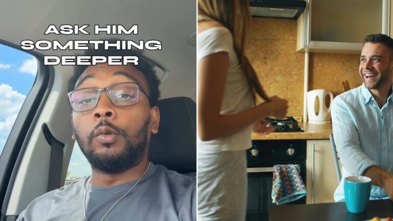 Split image: a man in glasses sitting in a car captioned ask him something deeper, next to a smiling man and a woman talking together in a home kitchen