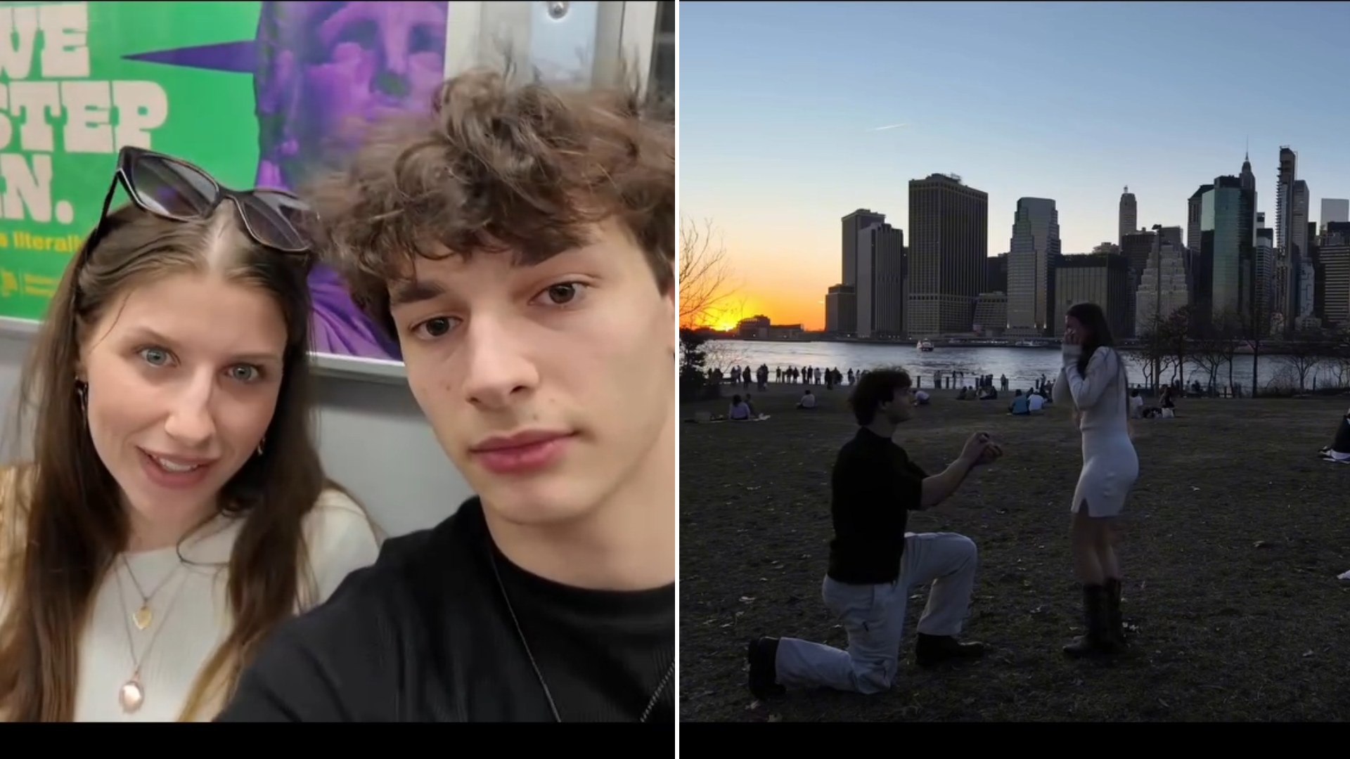 Split image: a young couple taking a selfie on a subway train, next to the man kneeling to propose to the woman in a park with a city skyline at sunset behind them