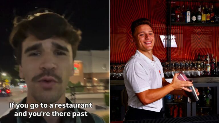 Split image: a man with a mustache walking at night captioned if you go to a restaurant and you are there past, next to a smiling bartender in a white shirt shaking a cocktail behind a lit bar