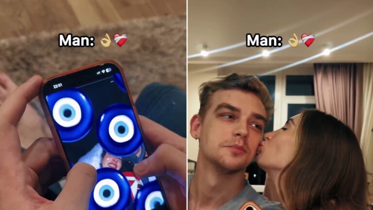 Phone screen with evil-eye emoji reply beside the couple kissing on the cheek