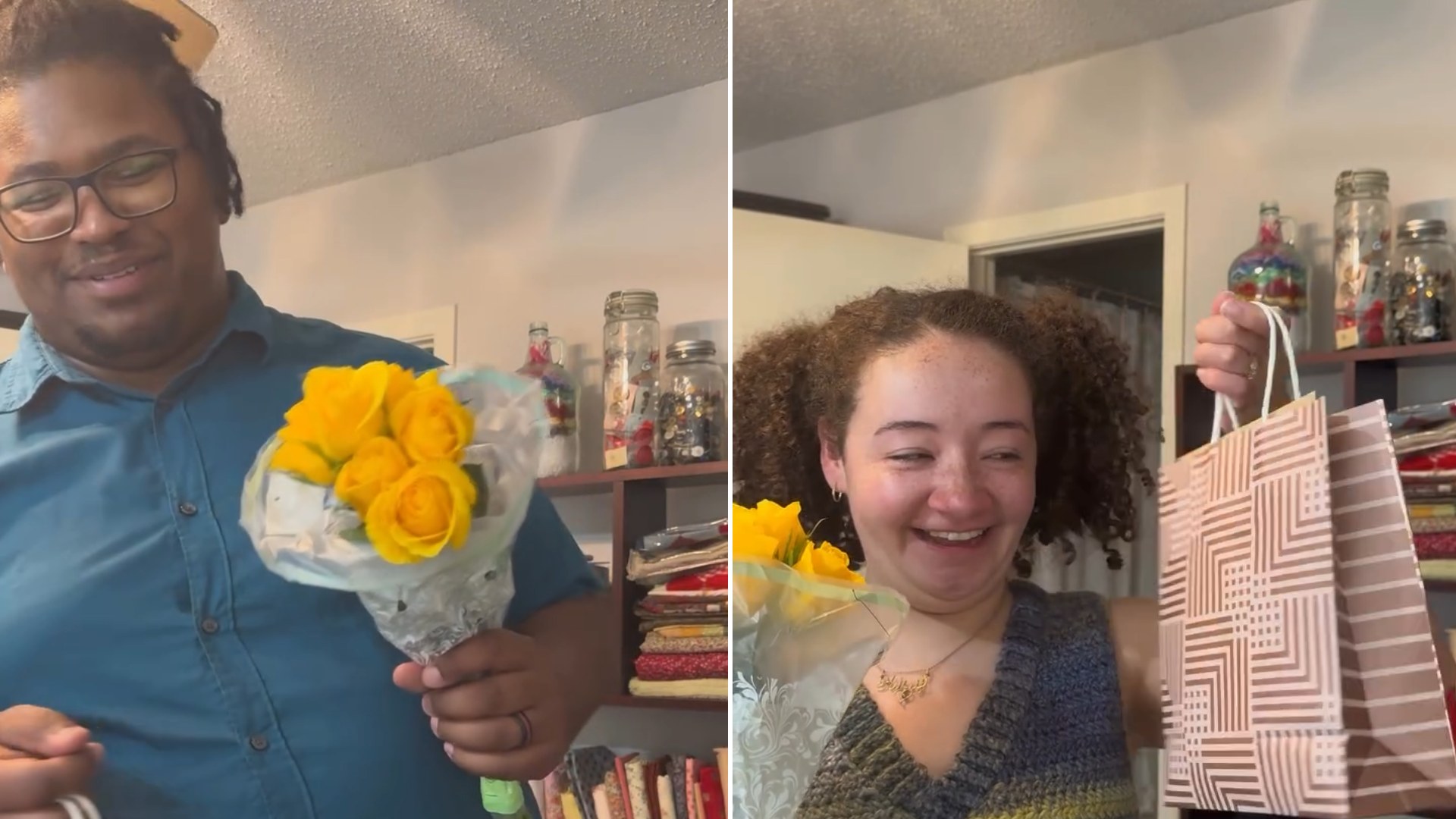 Boyfriend holding yellow roses and a gift bag beside his surprised girlfriend