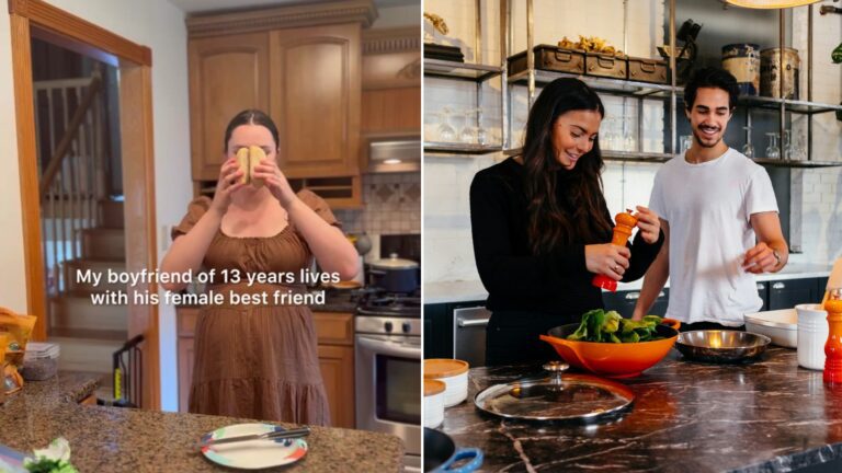 Split image: a woman in a brown dress standing in a kitchen captioned my boyfriend of 13 years lives with his female best friend, next to a smiling man and woman preparing food together at a kitchen counter