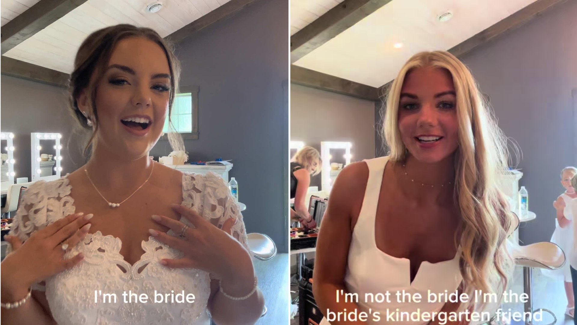 Split image: a smiling bride in a lace wedding dress captioned I am the bride, next to a blonde woman in a white dress captioned I am not the bride I am the brides kindergarten friend