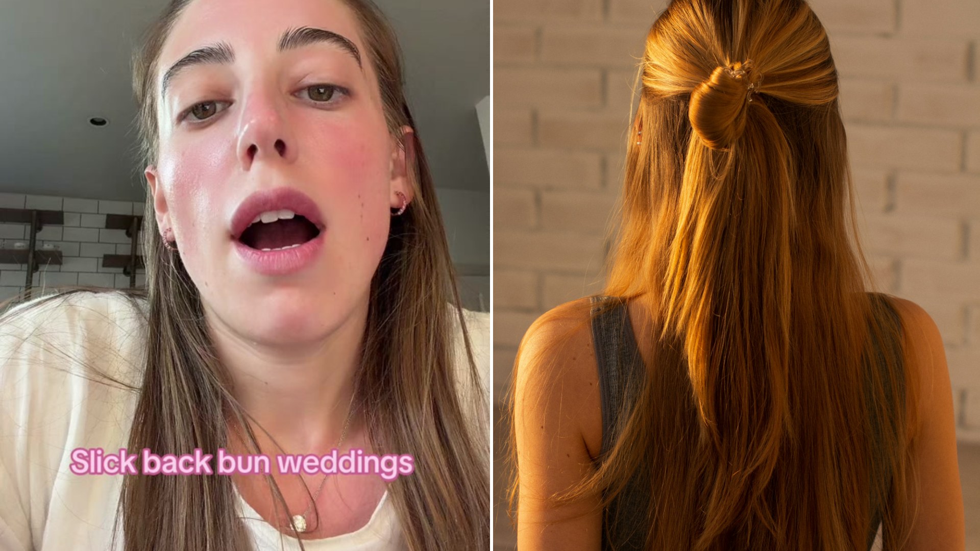Split image: a woman with long brown hair captioned slick back bun weddings, next to the back of a woman head with her hair tied in a half-up bun
