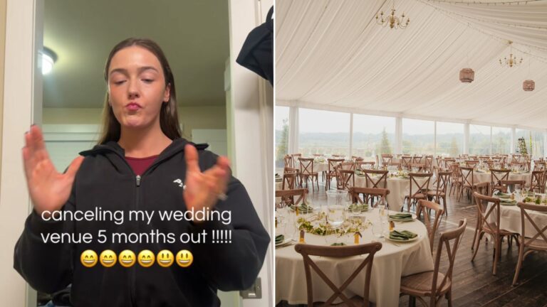 Split image: a woman in a black hoodie with her hands raised captioned canceling my wedding venue 5 months out, next to an empty wedding reception tent with round tables and wooden chairs