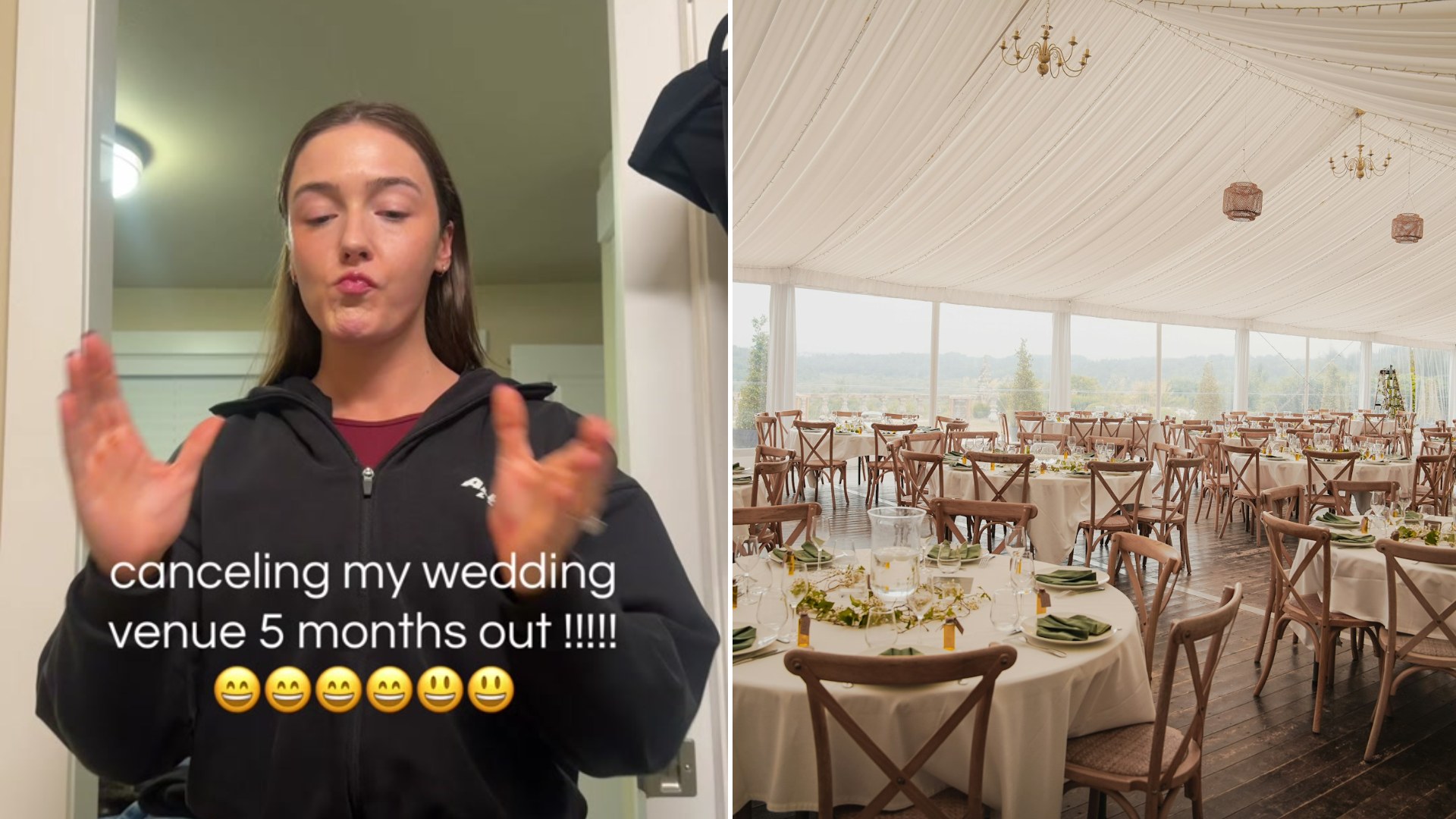 Split image: a woman in a black hoodie with her hands raised captioned canceling my wedding venue 5 months out, next to an empty wedding reception tent with round tables and wooden chairs