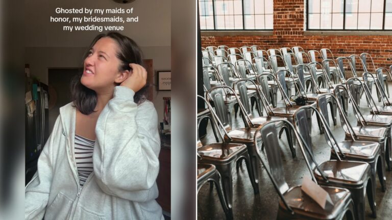 Split image: a woman in a gray hoodie looks up with a strained smile and the caption 'Ghosted by my maids of honor, my bridesmaids, and my wedding venue', next to rows of empty metal chairs set up in a brick-walled venue