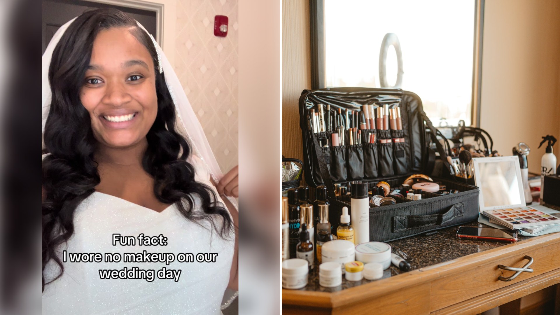Split image: a smiling bride in a veil captioned fun fact I wore no makeup on our wedding day, next to a makeup artist kit of brushes and products spread on a wooden vanity