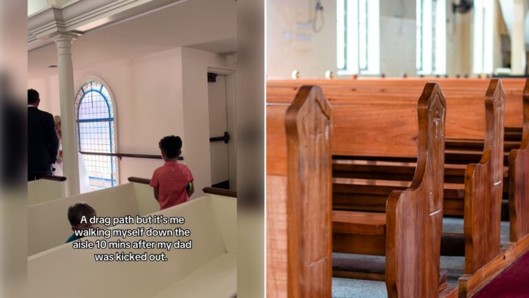 Split image: a church interior with a child seated in a white pew and the caption "A drag path but it's me walking myself down the aisle 10 mins after my dad was kicked out", next to rows of wooden church pews with a red carpet