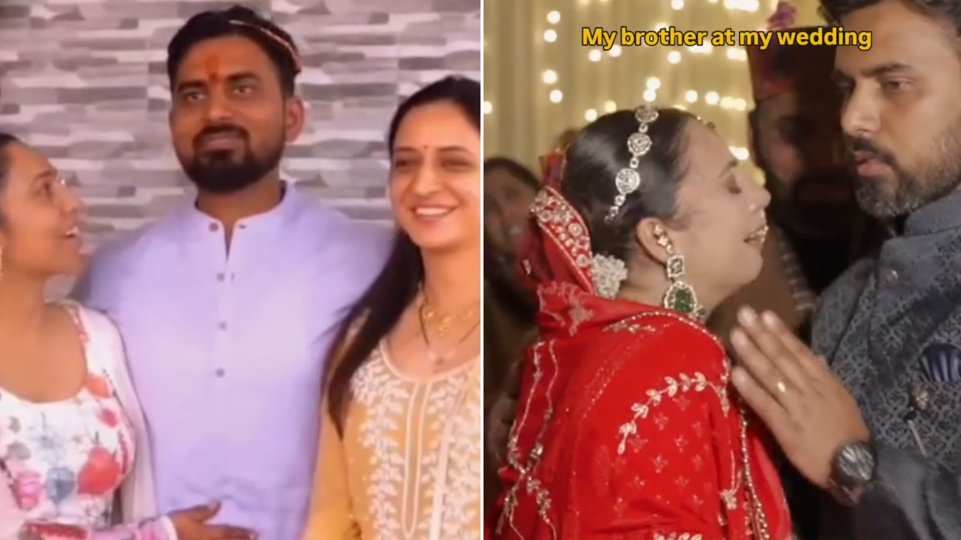 Split image: a man in a lavender kurta smiling between two women at his wedding, next to the same man in a gray jacket standing with the bride in red captioned my brother at my wedding