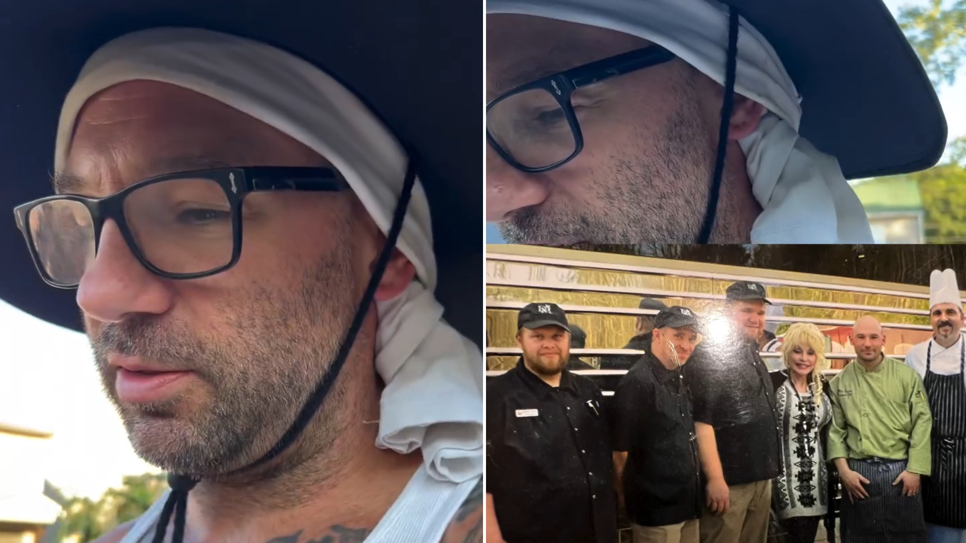 Chef telling the story of relocating to Tennessee, beside his photo with Dolly Parton and kitchen staff