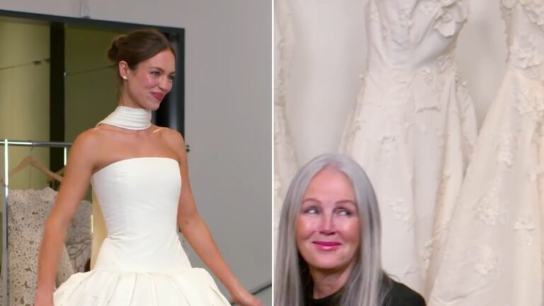 Claudia Sulewski in her wedding gown at a fitting beside a smiling family member