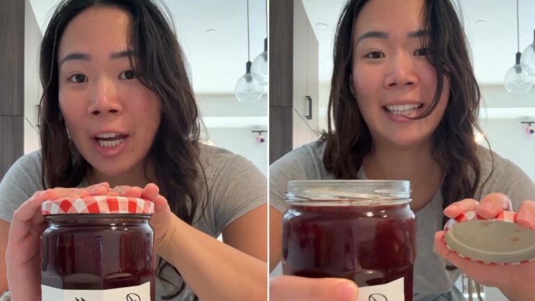 Split image: a woman holding a jar of jam with its red gingham lid on, next to the same woman holding the opened jar and its inner lid
