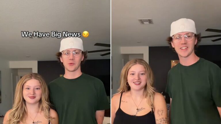 Couple announcing big news in their living room, then smiling with the matching tattoo visible