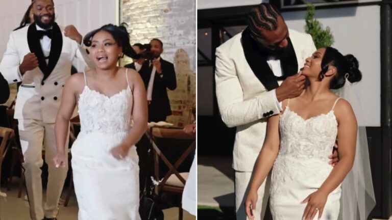 Split image from an Instagram reel: a bride in a white lace dress and a groom in a white tuxedo dance into their reception, next to the groom cupping the bride's chin as they smile at each other outdoors