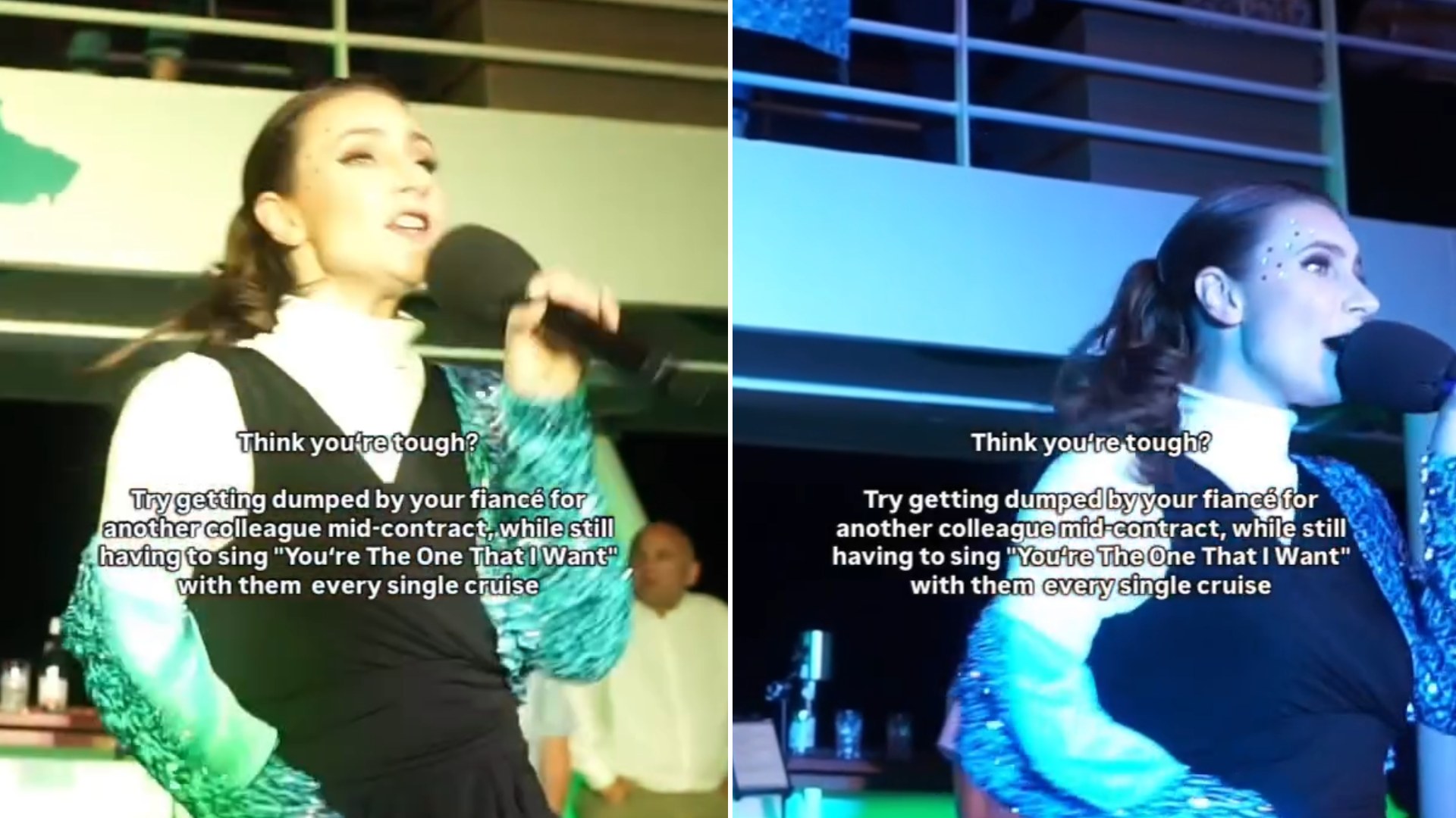 Two frames from the Instagram reel: the performer singing into a microphone on a cruise ship stage, with the on-screen caption about getting dumped by her fiancé mid-contract and still having to sing with him