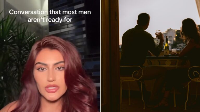 Split image: a woman with long red hair captioned conversation that most men are not ready for, next to a silhouetted couple sharing wine at an outdoor dinner table at sunset