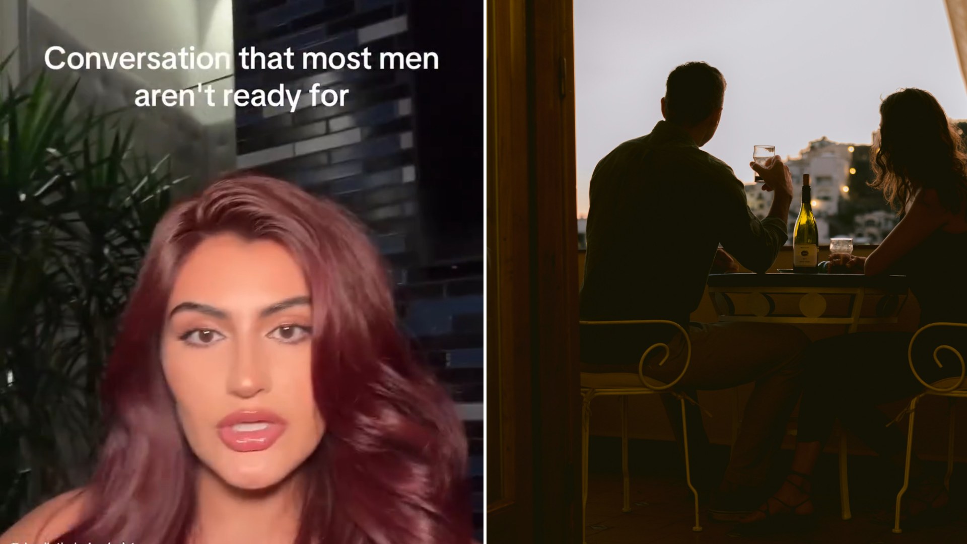 Split image: a woman with long red hair captioned conversation that most men are not ready for, next to a silhouetted couple sharing wine at an outdoor dinner table at sunset