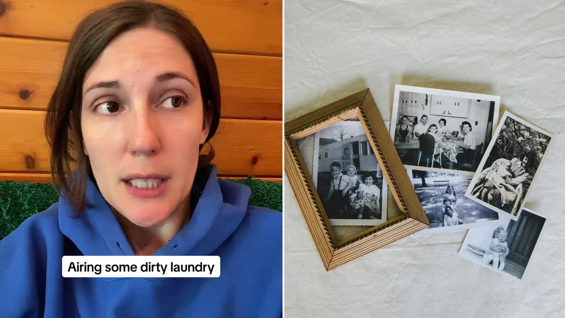 Split image: a woman in a blue hoodie captioned airing some dirty laundry, next to a pile of old black and white family photos on a white cloth