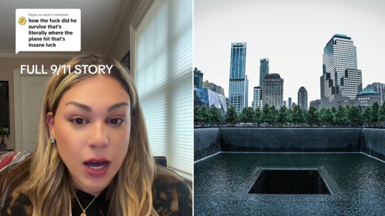 Split image: a woman with long blonde hair captioned full 9/11 story replying to a comment, next to the 9/11 Memorial reflecting pool surrounded by skyscrapers