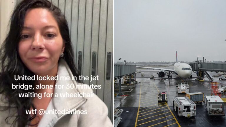 Split image: a woman with dark hair captioned United locked me in the jet bridge alone for 30 minutes waiting for a wheelchair, next to a white airplane parked at a gate with a jet bridge attached on a rainy tarmac