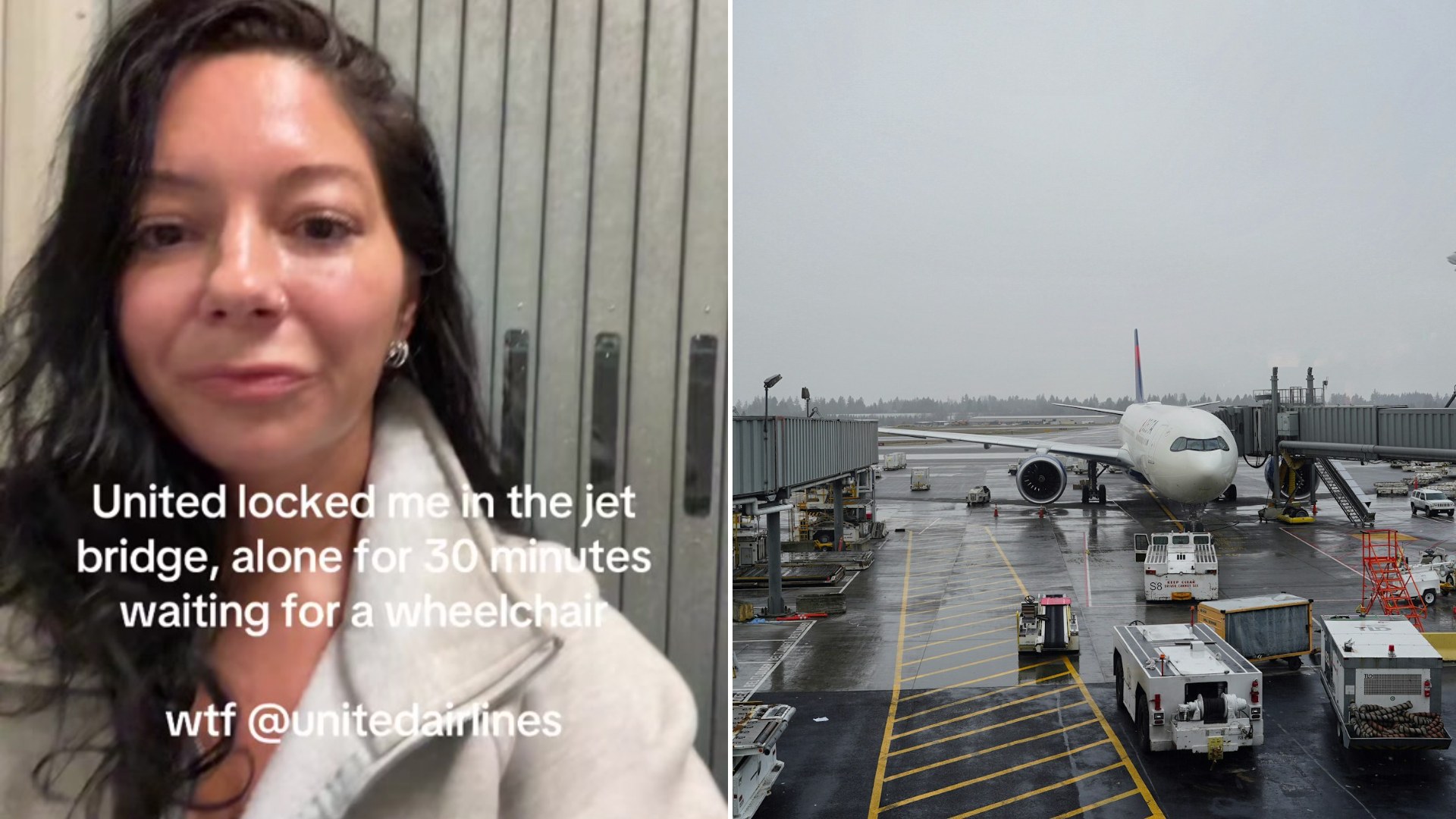 Split image: a woman with dark hair captioned United locked me in the jet bridge alone for 30 minutes waiting for a wheelchair, next to a white airplane parked at a gate with a jet bridge attached on a rainy tarmac