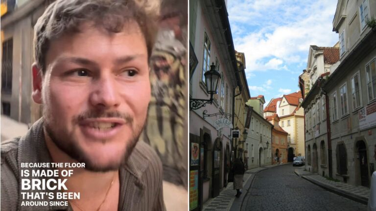 Left, Drew Lynch talking to camera with the caption Because the floor is made of brick that's been around since, from the @thedrewlynch TikTok; right, a cobblestone street in a European old town (Unsplash photo by Rebecca McKenna)