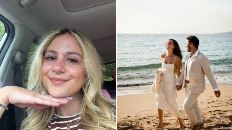 Split image: a smiling blonde woman in a car resting her chin on her hand, next to a bride and groom in white walking hand in hand along a sunny beach