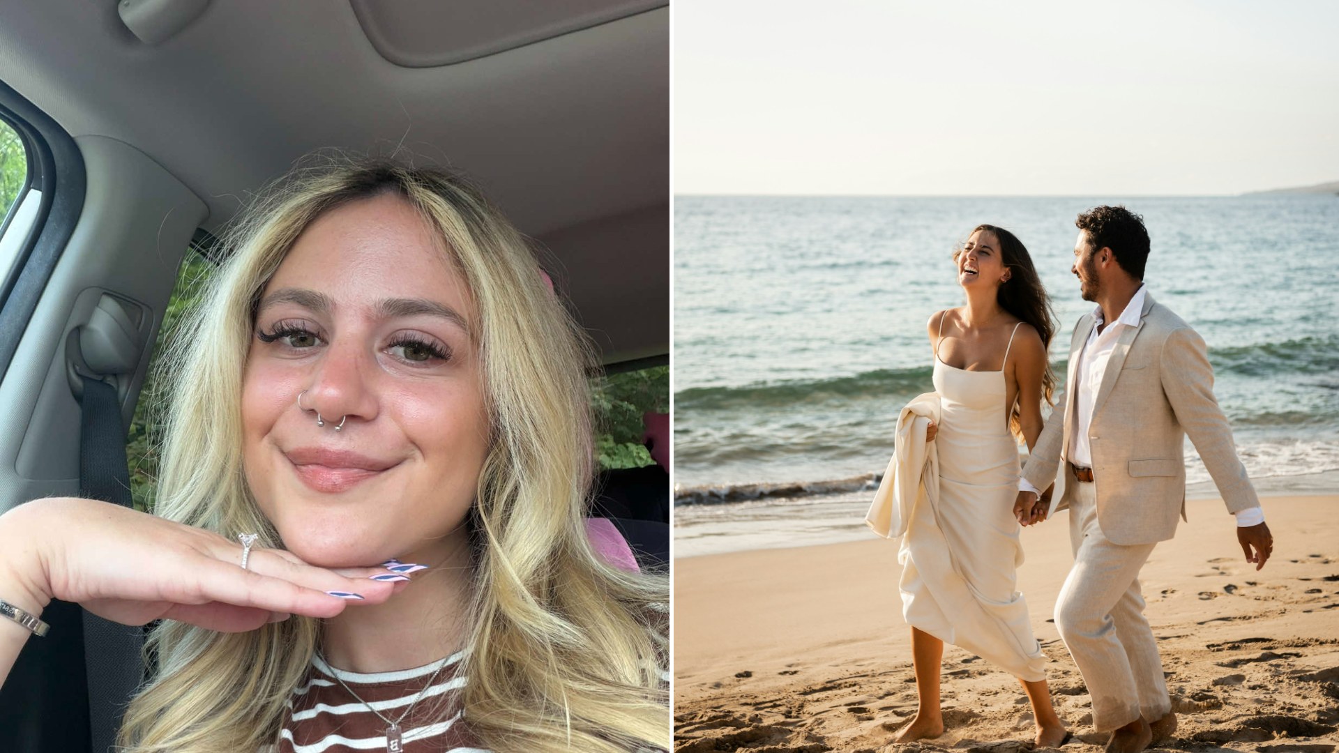 Split image: a smiling blonde woman in a car resting her chin on her hand, next to a bride and groom in white walking hand in hand along a sunny beach