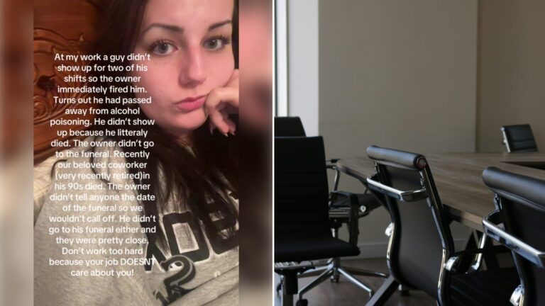 Split image: a woman resting her chin on her hand with a long text caption about her employer firing a worker who had passed away, next to a row of empty black office chairs at a wooden conference table